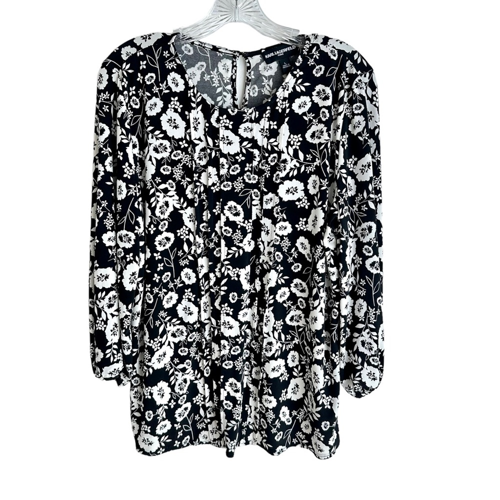 Karl Lagerfeld Paris Black White Floral Print Blouse Pleated Size Large